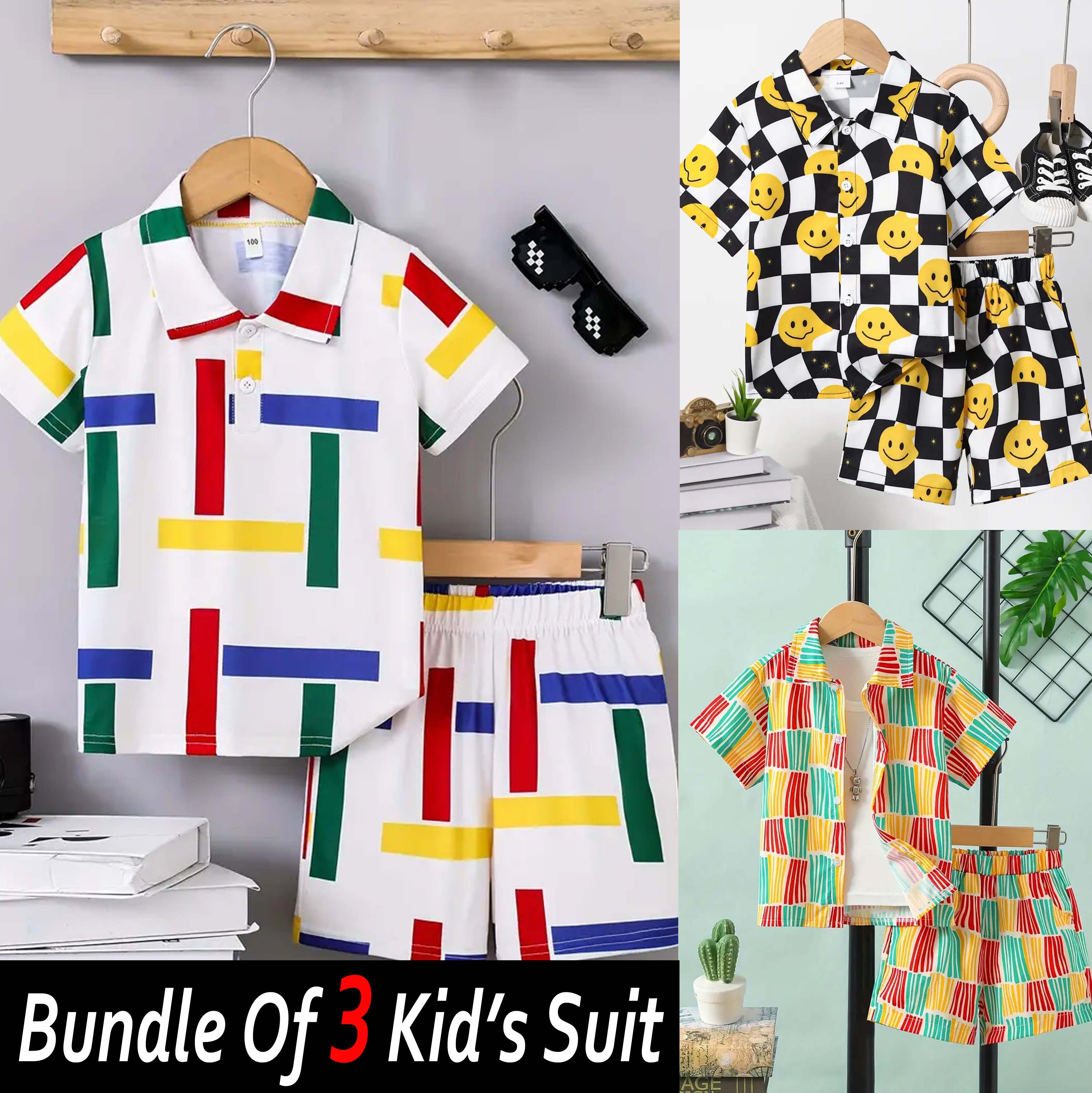 Bundle Of 3 All-Over 3D Printed 2-Pcs Summer Suit For Kids. D-01+02+05 Main image