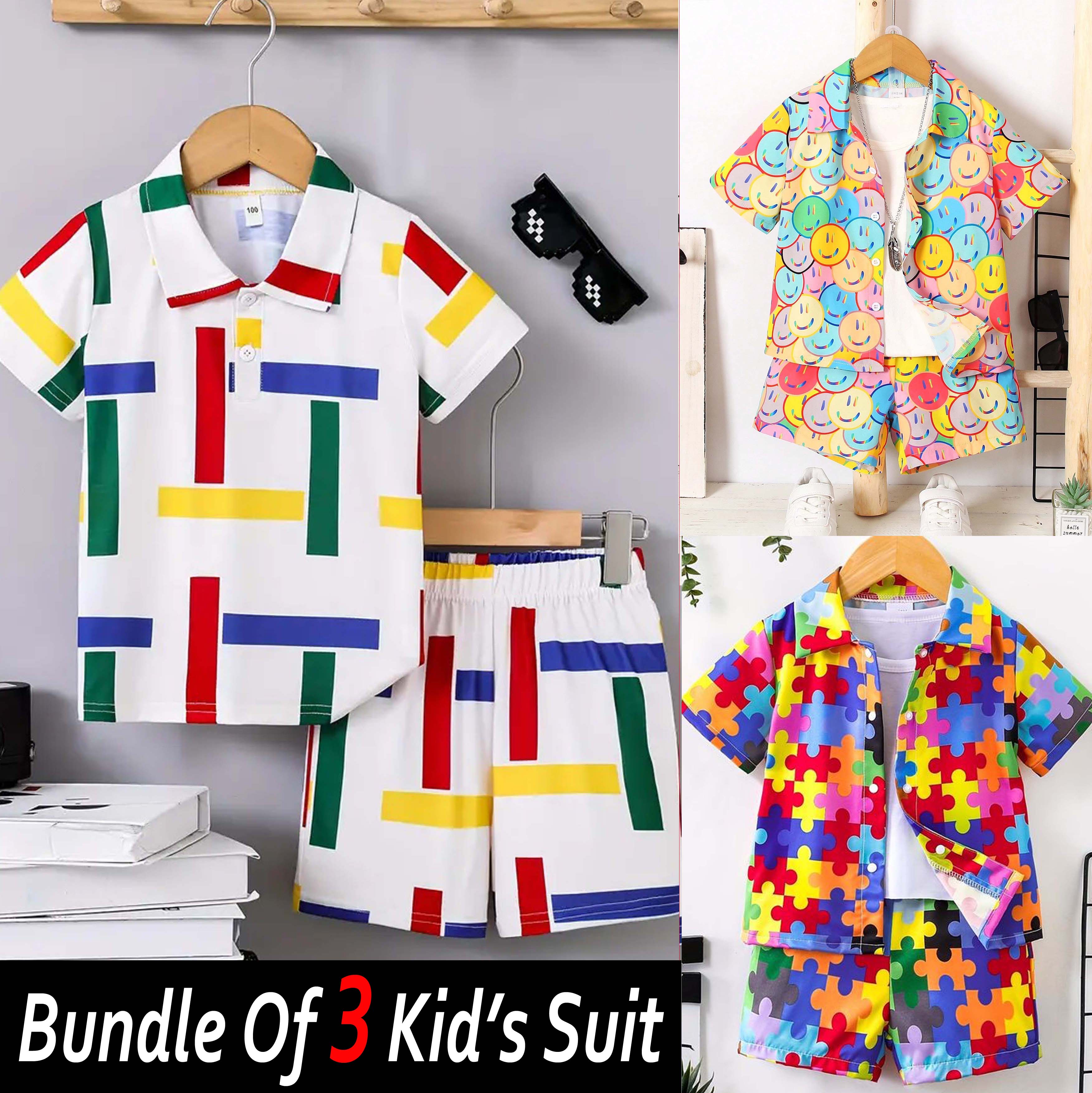 Bundle Of 3 All-Over 3D Printed 2-Pcs Summer Suit For Kids. D-01+04+07 Main image