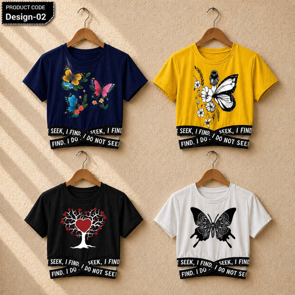 Bundle Of 4 Crop-Top Elastic Waisted Short Sleeve Printed Tee.  Style.2&3