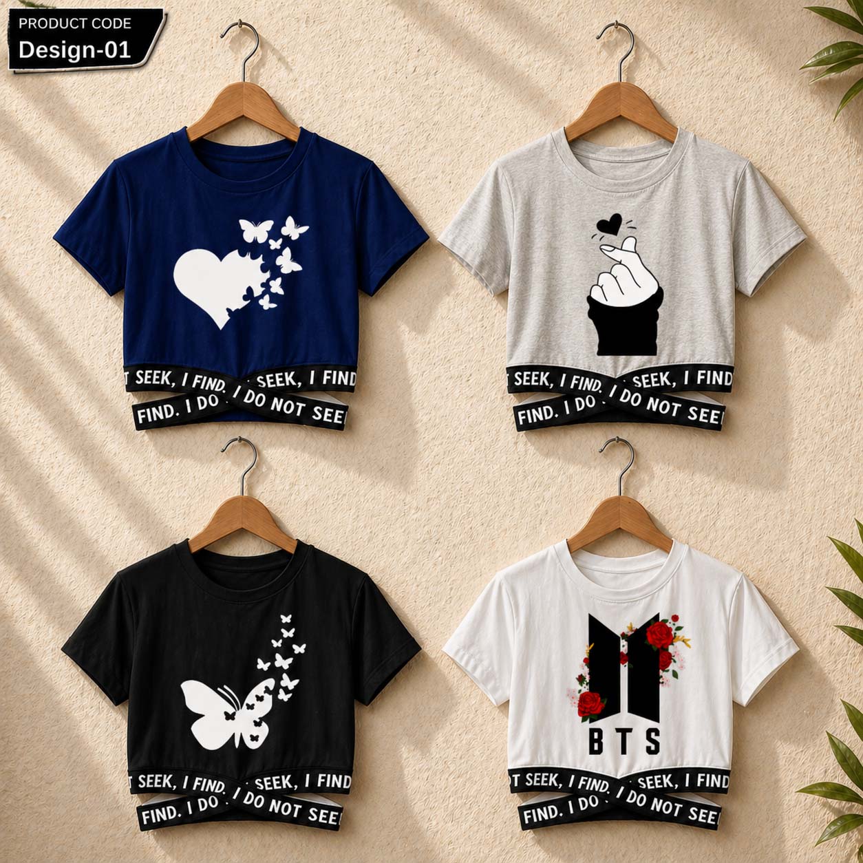 Bundle Of 4 Crop-Top Elastic Waisted Short Sleeve Printed Tee.  Style.2&3 Secondary image