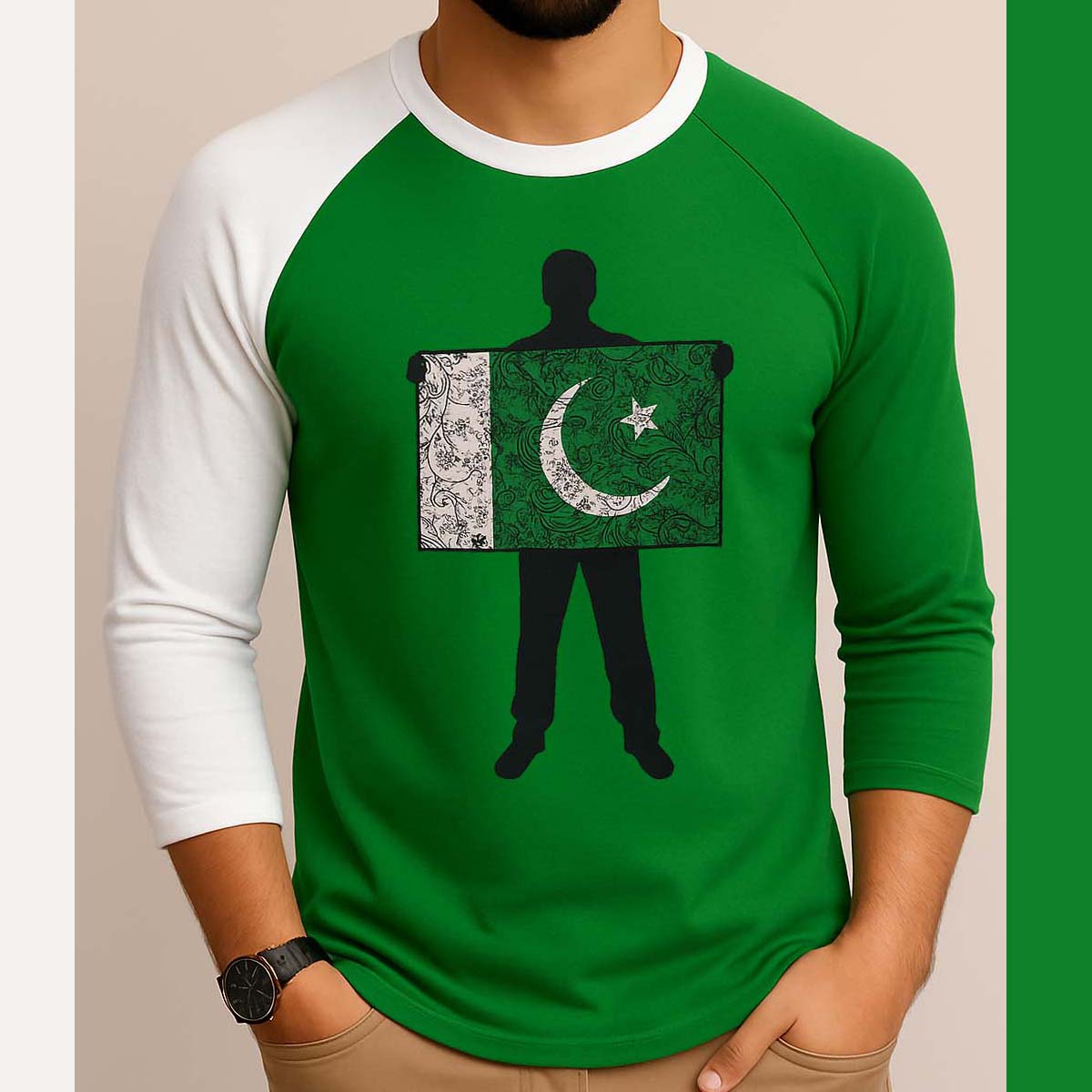 Green Contrast Sleeve Style Flag Printed R-Neck Full Sleeve Azadi Tshirt. D-38 Main image
