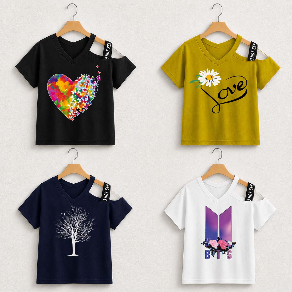 Bundle Of 4 Shoulder-Open Short-Length Half Sleeve Printed Tee. Style-D4 Main image
