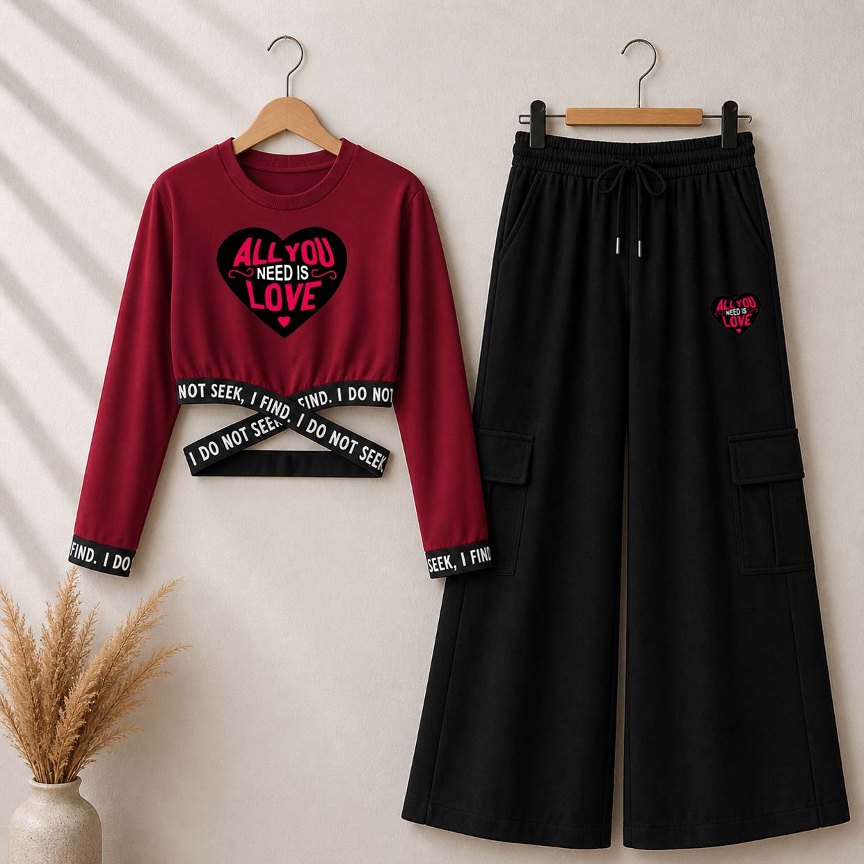 Maroon Heart-Love Printed Crop-Top Elastic Waisted & Cargo Trouser Style 2-Pcs Summer Tracksuit. D-1 Main image