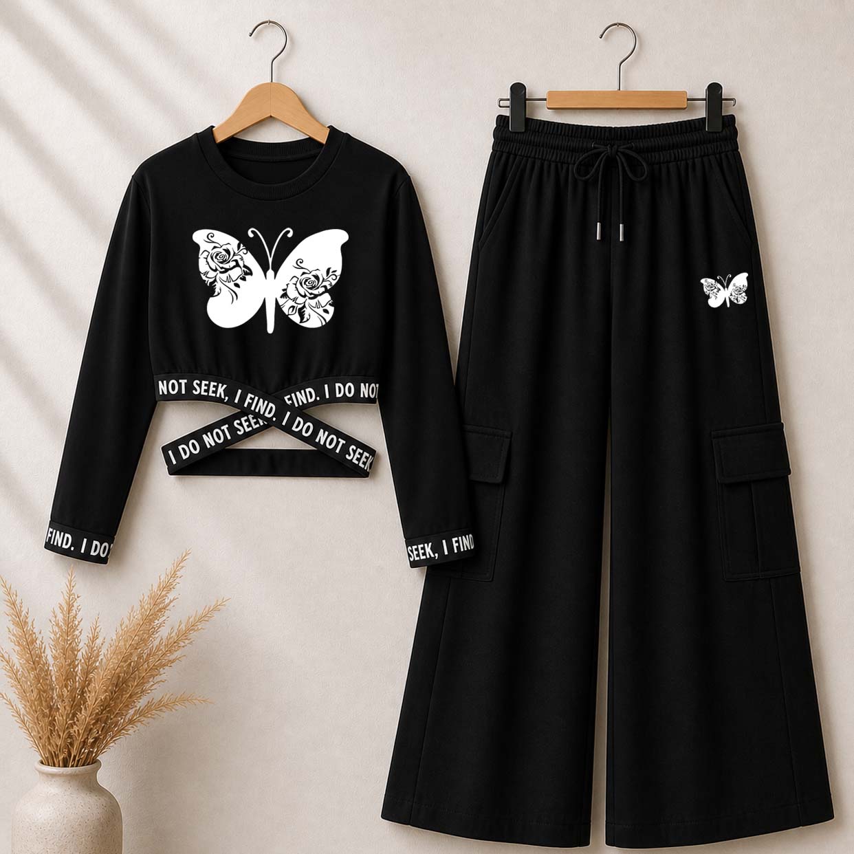 Black Butterfly Printed Crop-Top Elastic Waisted & Cargo Trouser Style 2-Pcs Summer Tracksuit. D-1 Main image