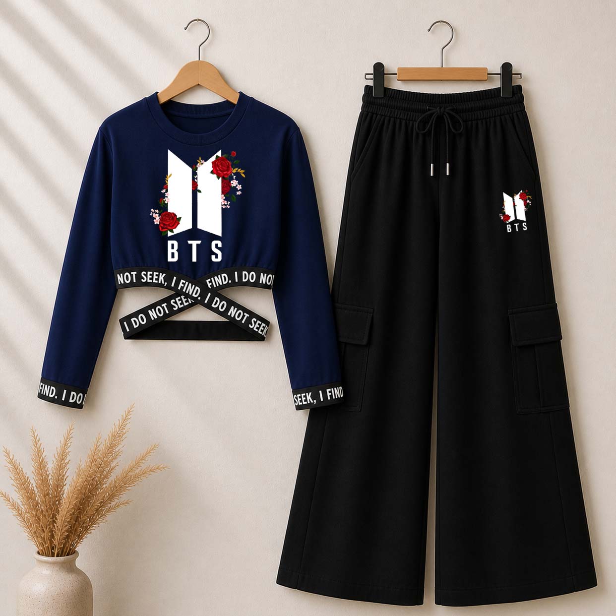 Blue BTS-Flower Printed Crop-Top Elastic Waisted & Cargo Trouser Style 2-Pcs Summer Tracksuit. D-1 Main image