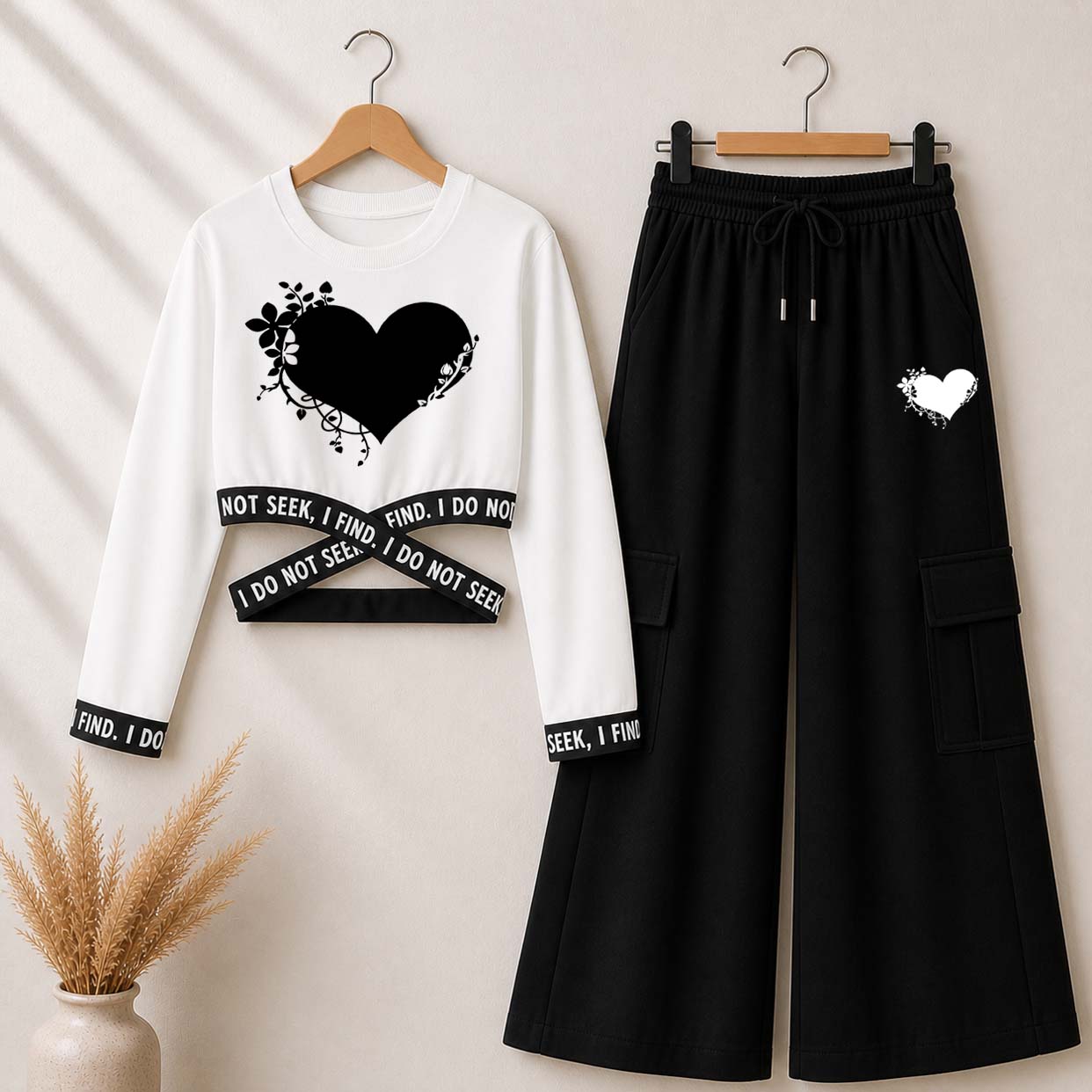 White Heart-Leaf Printed Crop-Top Elastic Waisted & Cargo Trouser Style 2-Pcs Summer Tracksuit. D-1 Main image