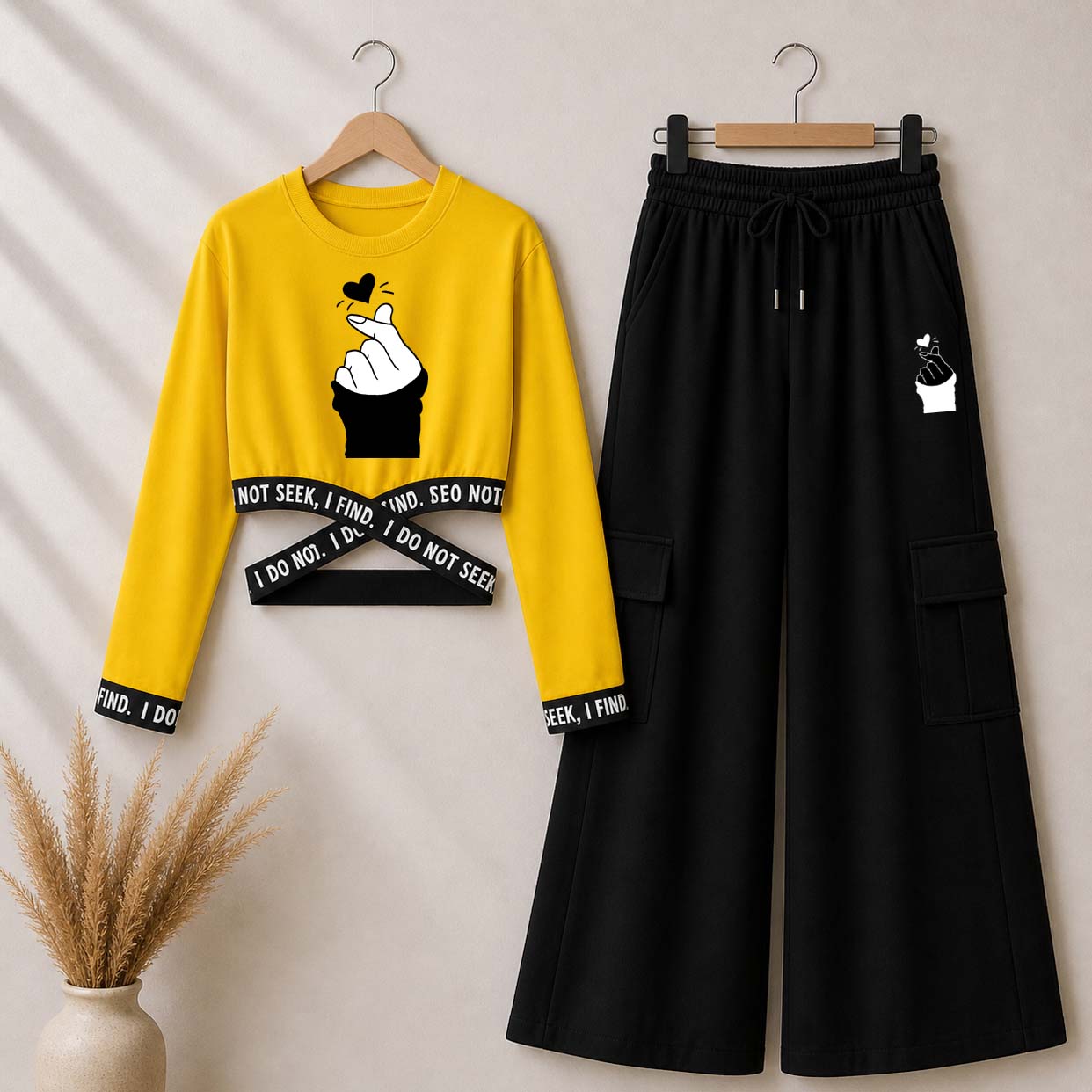 Yellow Chutki Printed Crop-Top Elastic Waisted & Cargo Trouser Style 2-Pcs Summer Tracksuit. D-1 Main image