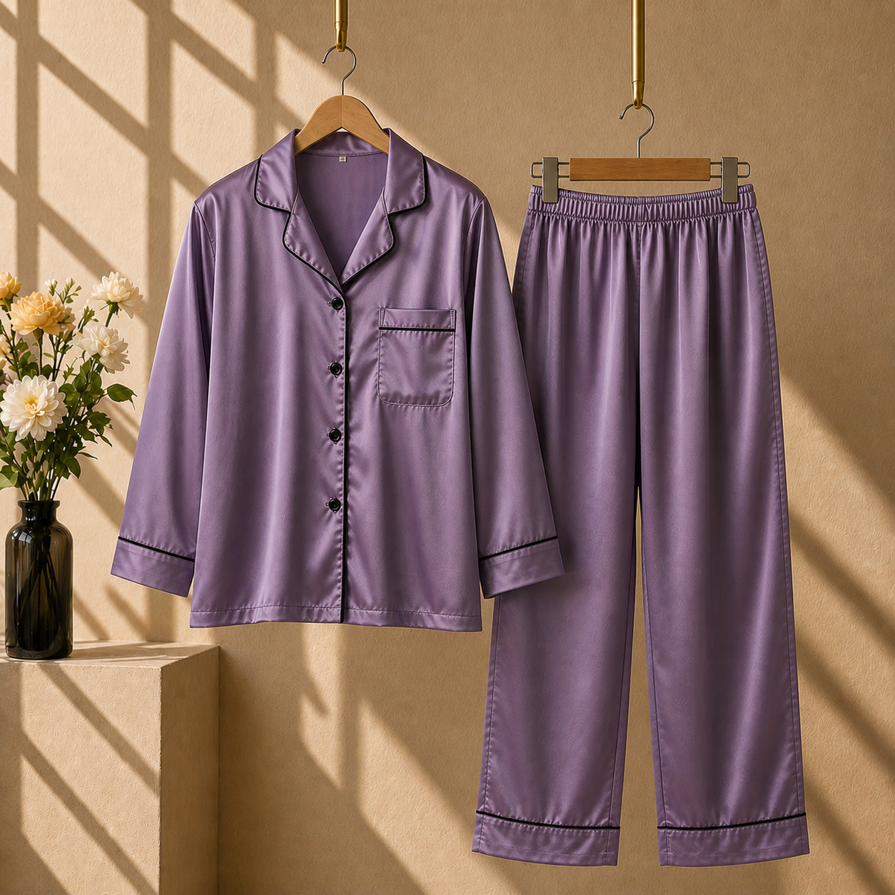 Dust-Purple Imported Regular Style 2-Pcs Silk Nightsuit. (F-Sleeve+Trouser) Main image