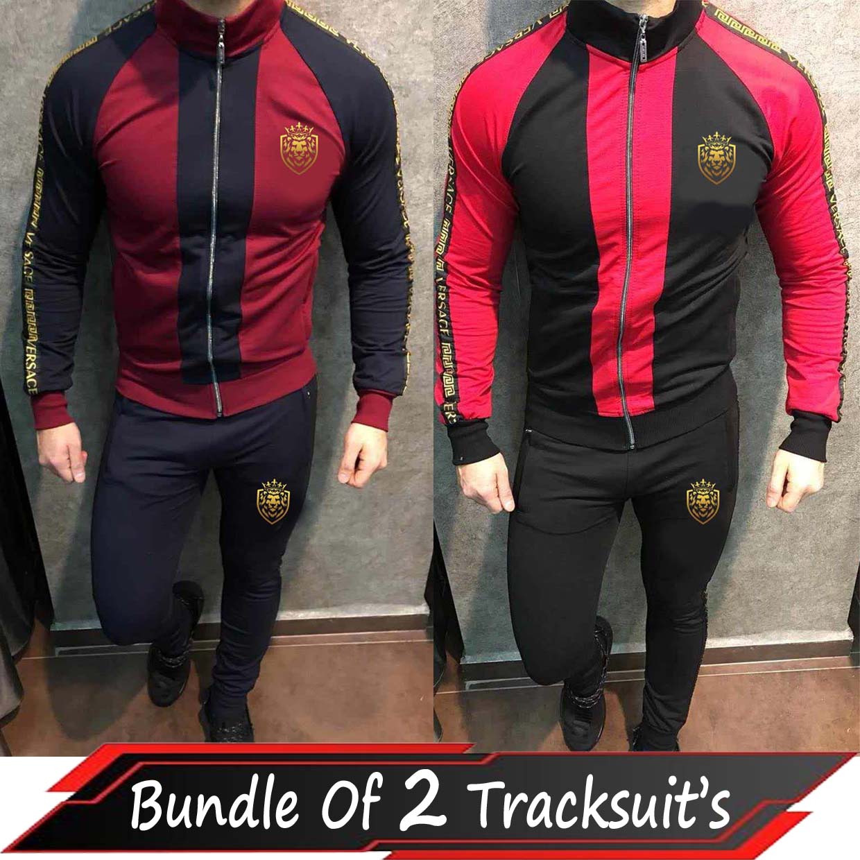 Bundle Of 2 Lion Printed Patch-Work Jacket Style 2-Pcs Winter Tracksuit. D-22