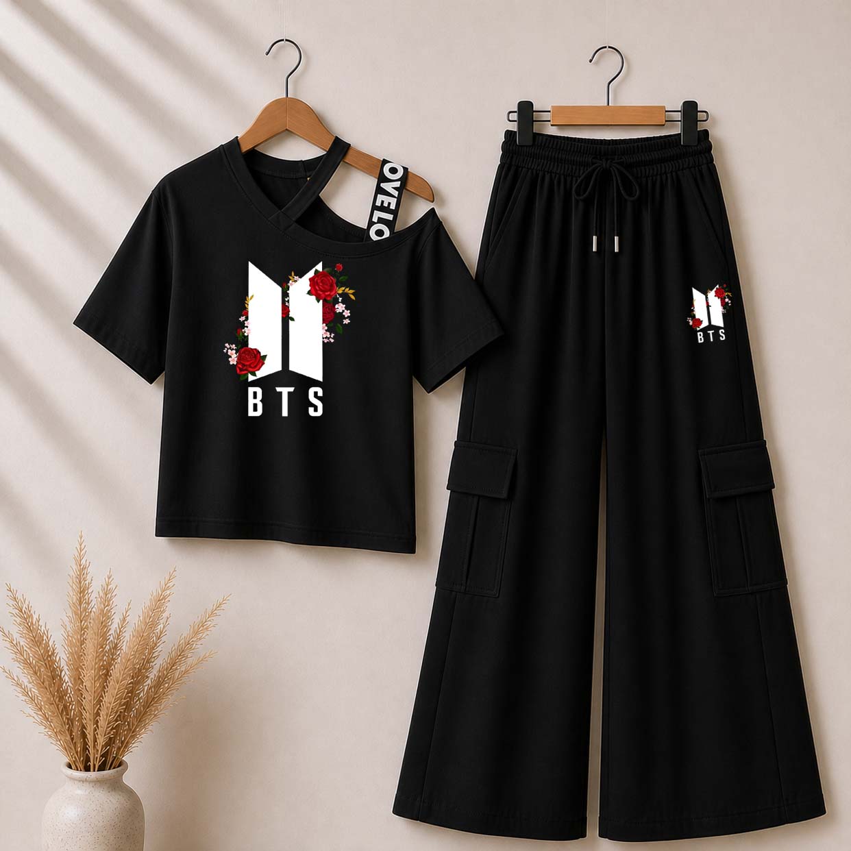 Black BTS-Flower Printed V-Neck Shoulder Strap & Cargo Trouser Style 2-Pcs Summer Tracksuit. D-4 Main image