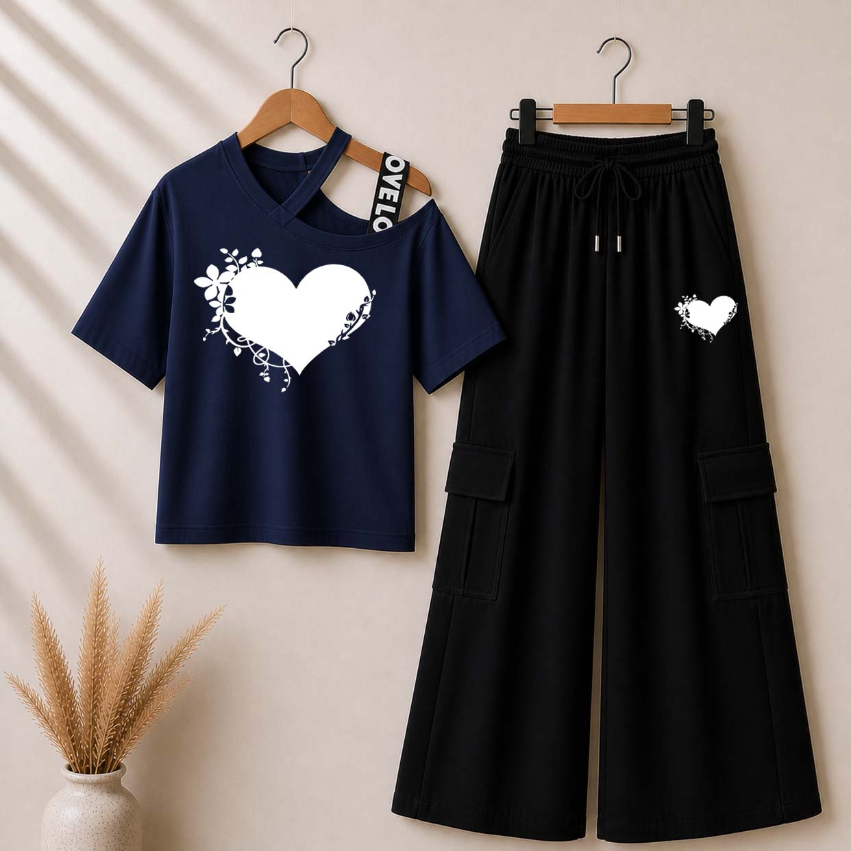 Blue Heart-Laef Printed V-Neck Shoulder Strap & Cargo Trouser Style 2-Pcs Summer Tracksuit. D-4 Main image