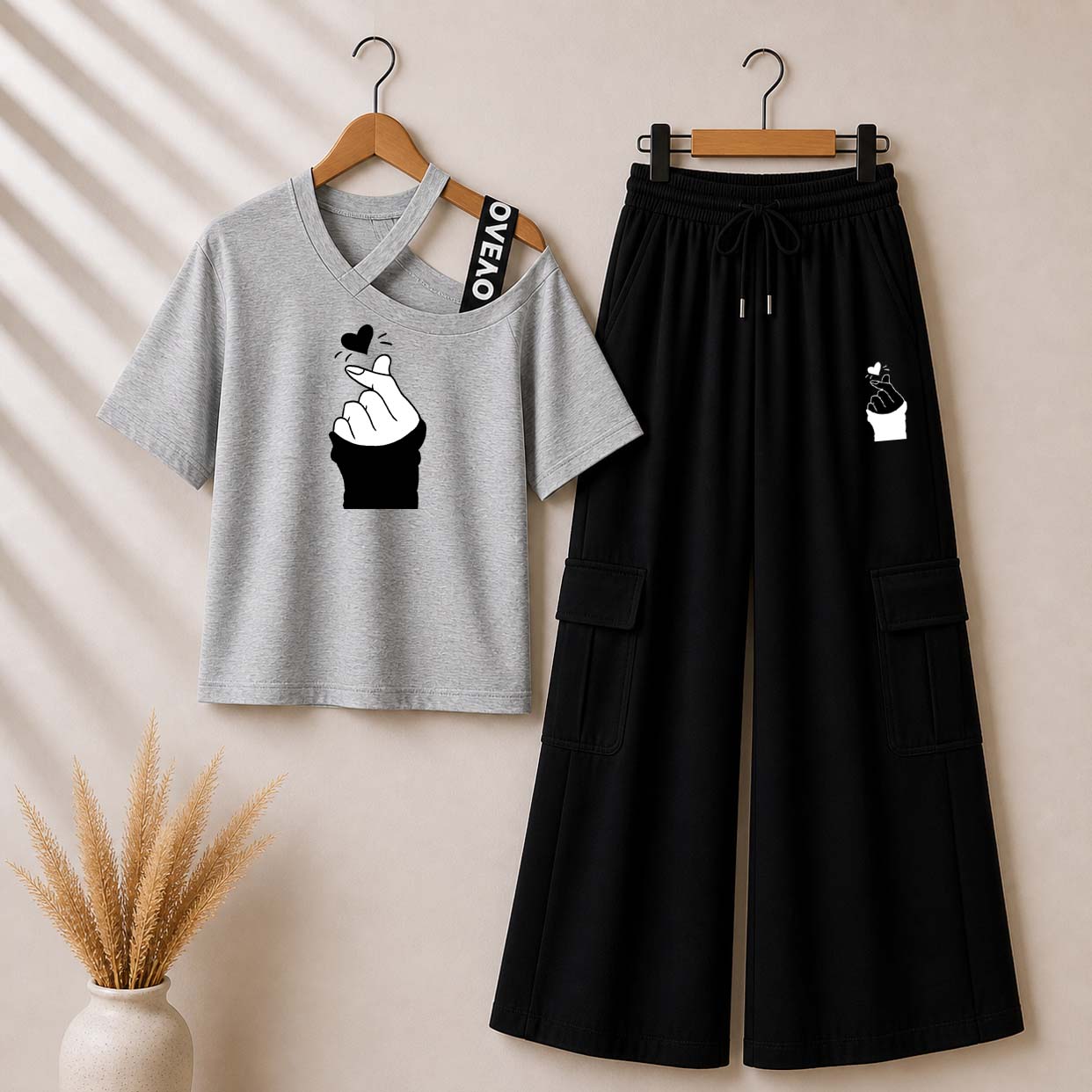 Grey Chutki Printed V-Neck Shoulder Strap & Cargo Trouser Style 2-Pcs Summer Tracksuit. D-4 Main image
