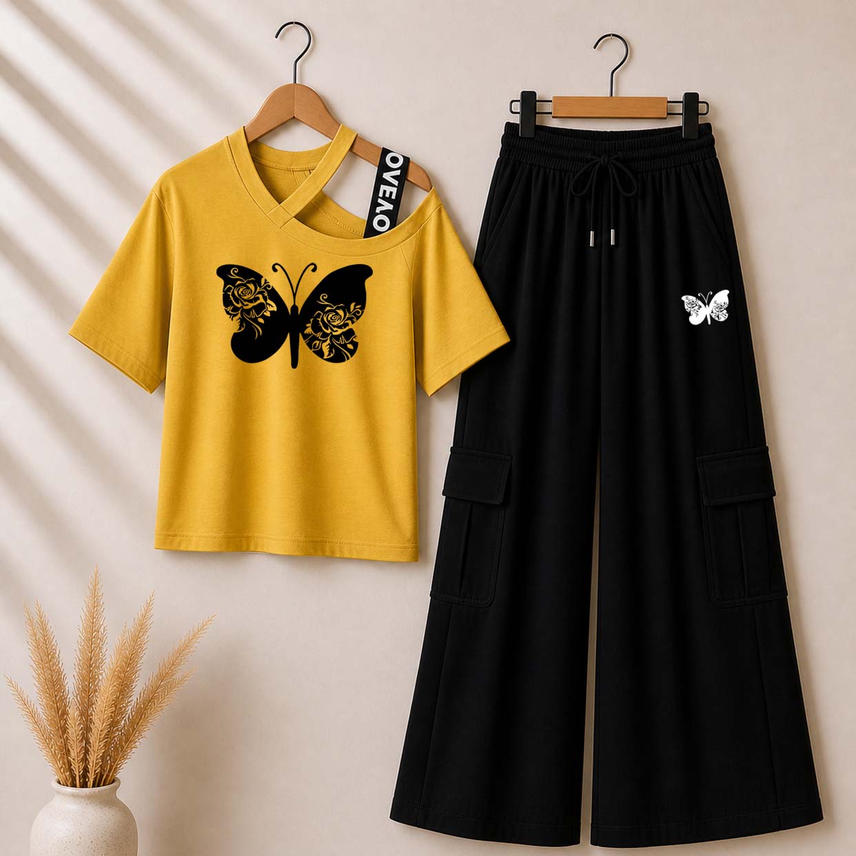 Yellow Butterfly Printed V-Neck Shoulder Strap & Cargo Trouser Style 2-Pcs Summer Tracksuit. D-4 Main image