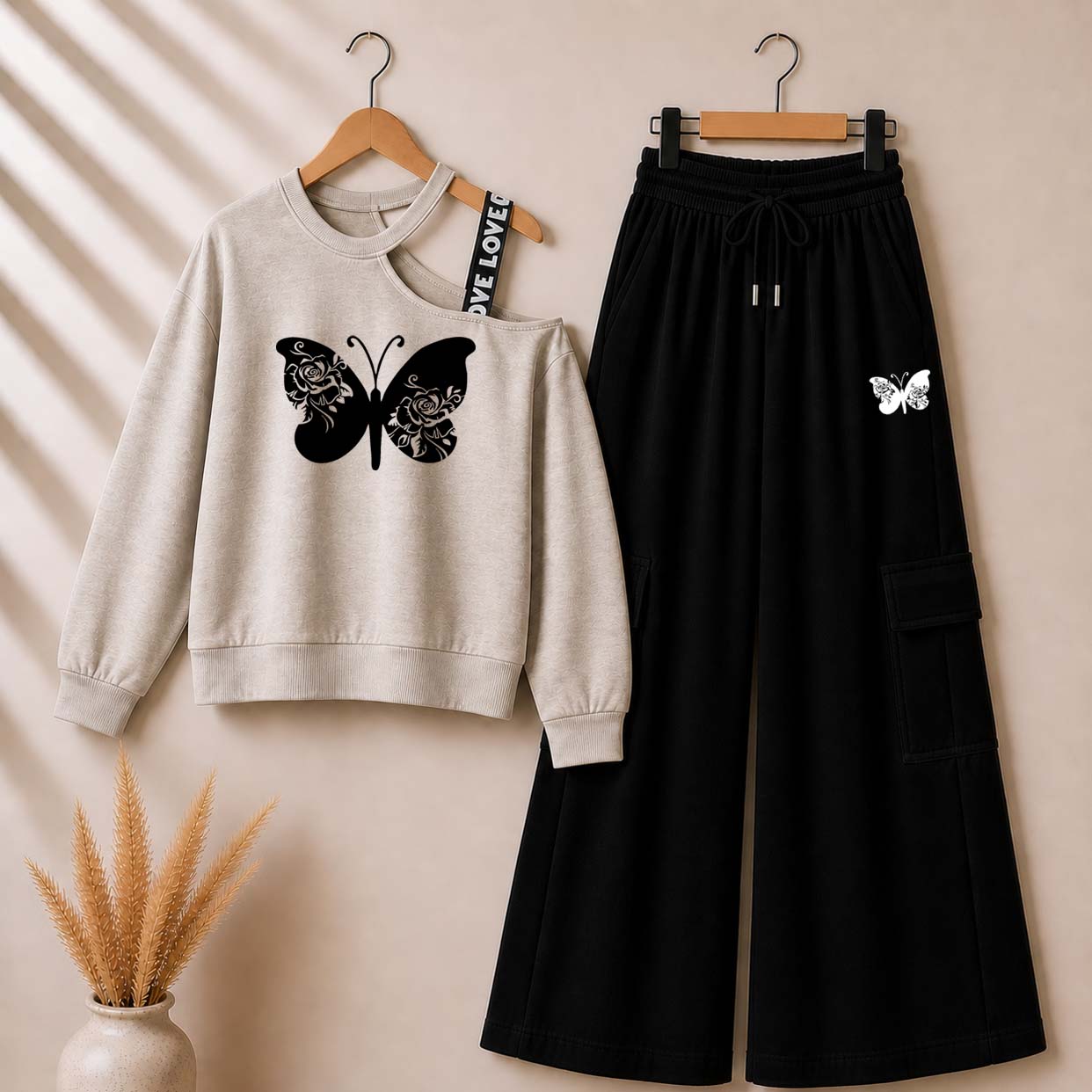 Grey Butterfly Printed Sweat Shoulder Strap & Cargo Trouser Style 2-Pcs Summer Tracksuit. D-5 Main image