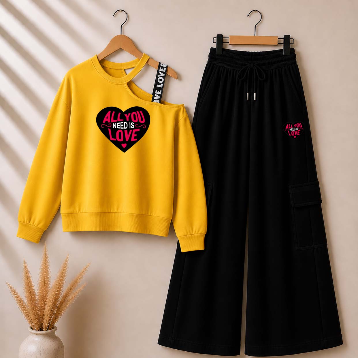 Yellow Heart-Love Printed Sweat Shoulder Strap & Cargo Trouser Style 2-Pcs Summer Tracksuit. D-5 Main image