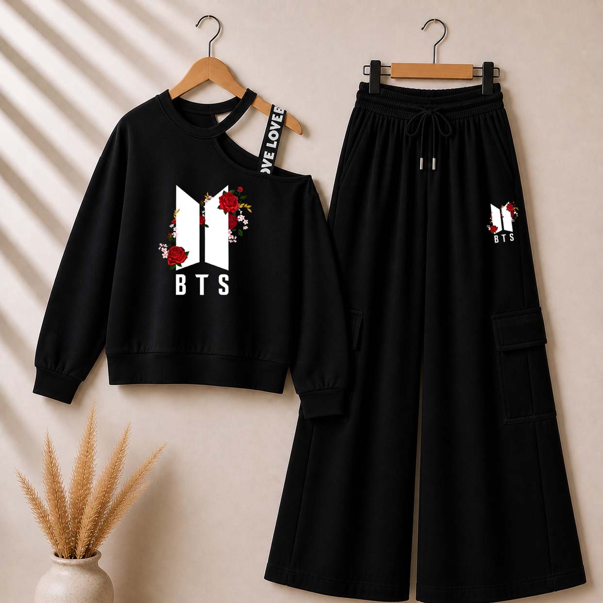 Black BTS-Flower Printed Sweat Shoulder Strap & Cargo Trouser Style 2-Pcs Summer Tracksuit. D-5