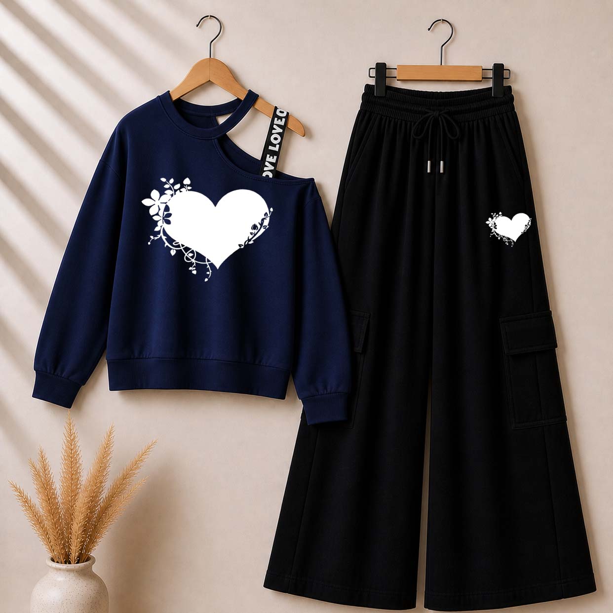 Blue Heart-Laef Printed Sweat Shoulder Strap & Cargo Trouser Style 2-Pcs Summer Tracksuit. D-5 Main image