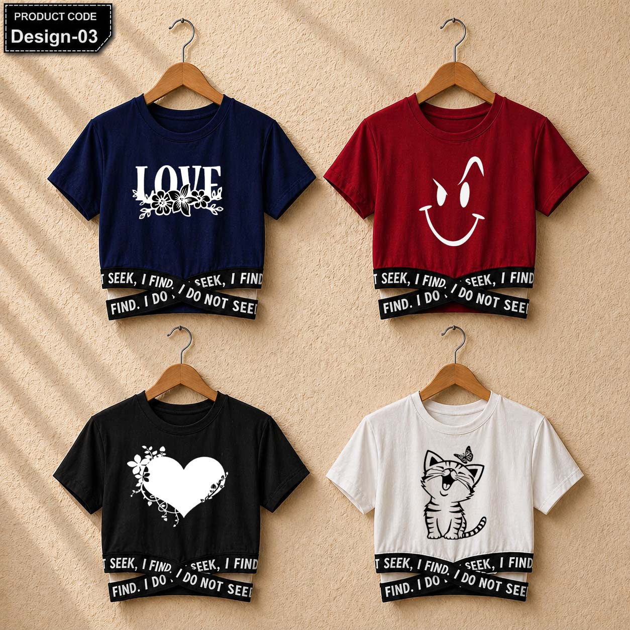 Bundle Of 4 Crop-Top Elastic Waisted Short Sleeve Printed Tee.  Style.2&3