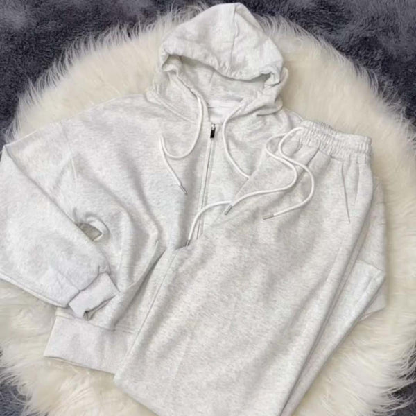 Grey Simple Hooded Zipper Style 2-Pcs Winter Tracksuit. D-12