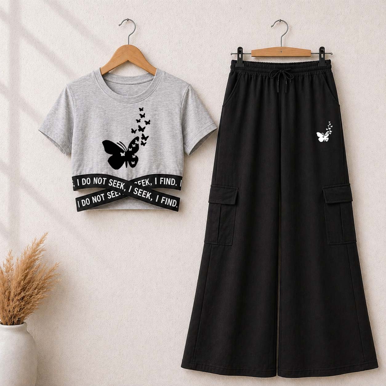 Grey Butterfly Printed Crop-Top Elastic Waisted & Cargo Trouser Style 2-Pcs Summer Tracksuit. D-2.3 Main image