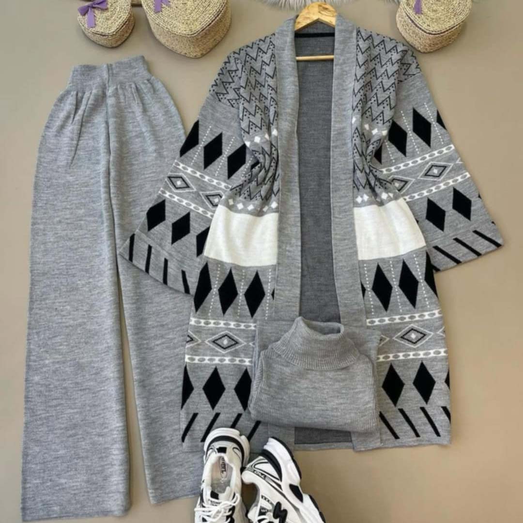 Long Printed Gown Style 3-Pcs Winter Co-Ord Suit. WWTS-27 Main image