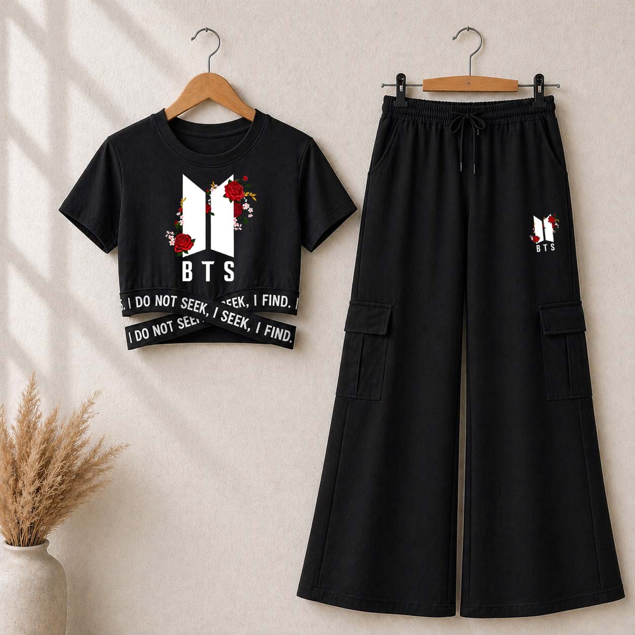 Black BTS-Flower Printed Crop-Top Elastic Waisted & Cargo Trouser Style 2-Pcs Summer Tracksuit. D-2.3 Main image