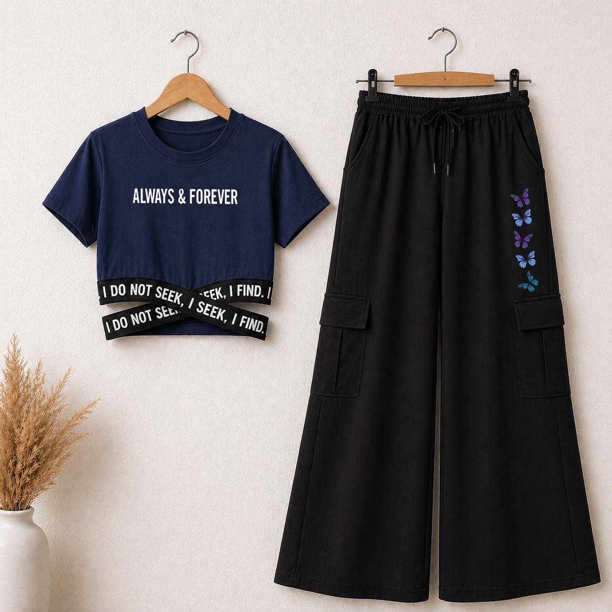 Blue Always4Ever Printed Crop-Top Elastic Waisted & Cargo Trouser Style 2-Pcs Summer Tracksuit. D-2.3 Main image