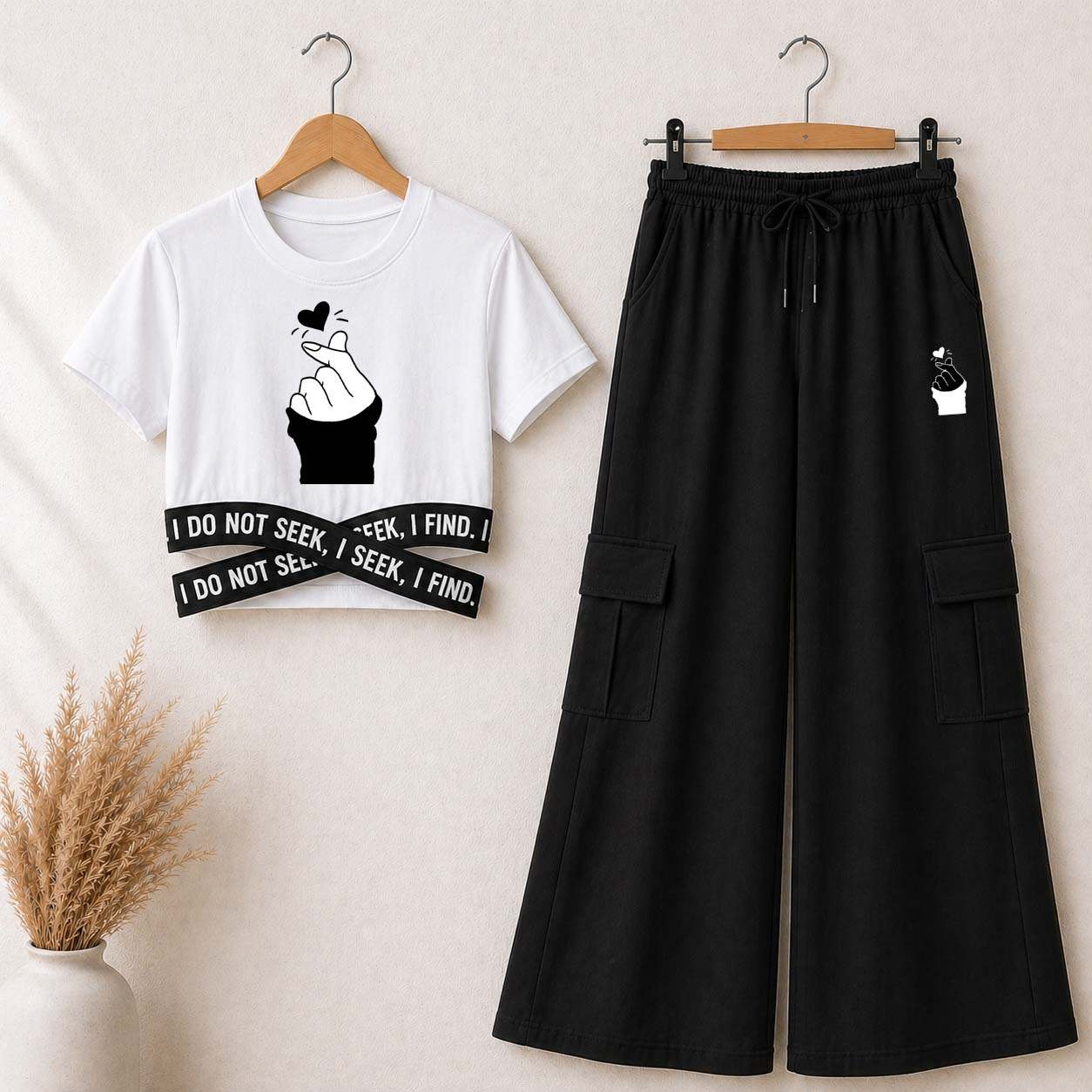 White Chutki Printed Crop-Top Elastic Waisted & Cargo Trouser Style 2-Pcs Summer Tracksuit. D-2.3 Main image