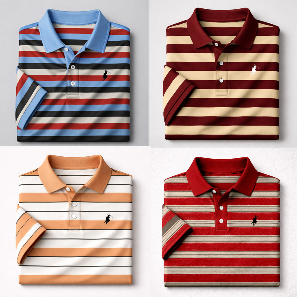 Horse Logo Bundle Of 4 Dry-Fit 3D Stripe Printed Style Half-Sleeve Polo Summer Tshirt's. MS3DP-04+08+13+15 Main image