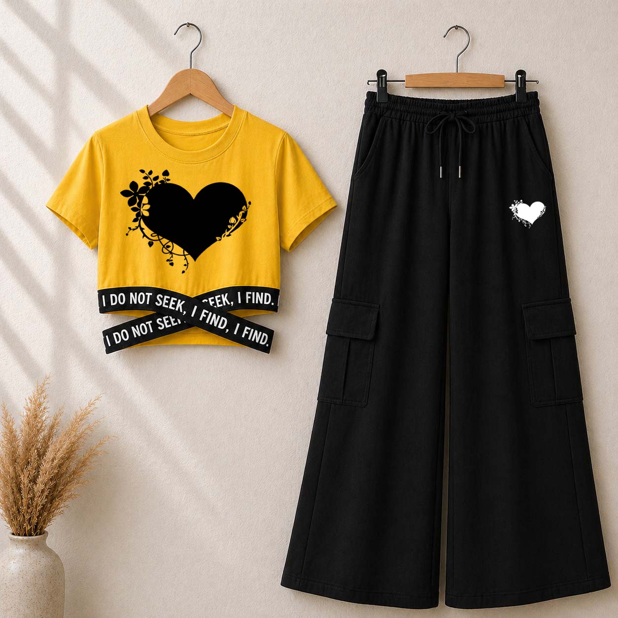 Yellow Heart-Leaf Printed Crop-Top Elastic Waisted & Cargo Trouser Style 2-Pcs Summer Tracksuit. D-2.3 Main image