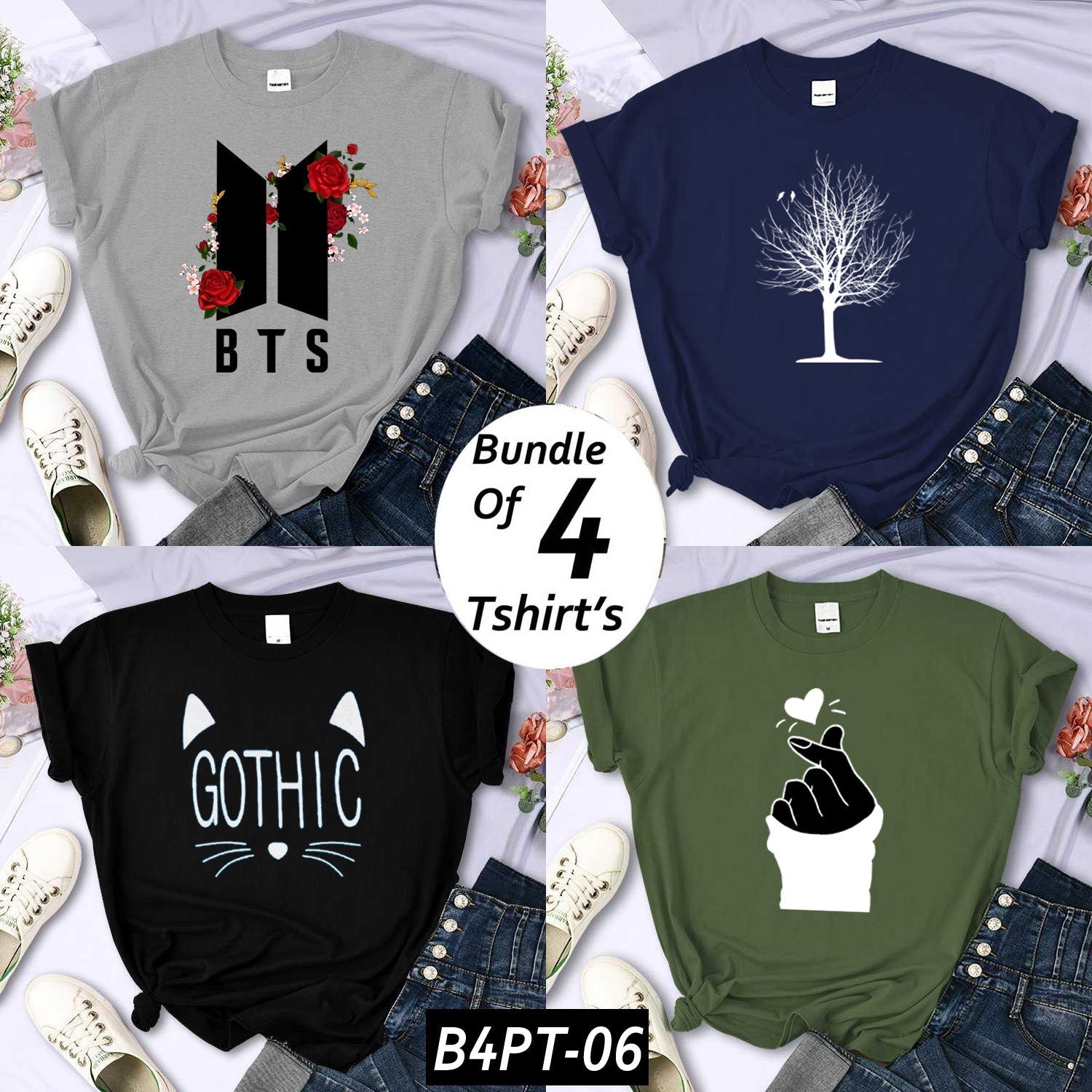 Bundle Of 4 Funky Printed R-Neck H-Sleeve Tshirt's For Her. B4PT-D6 Main image