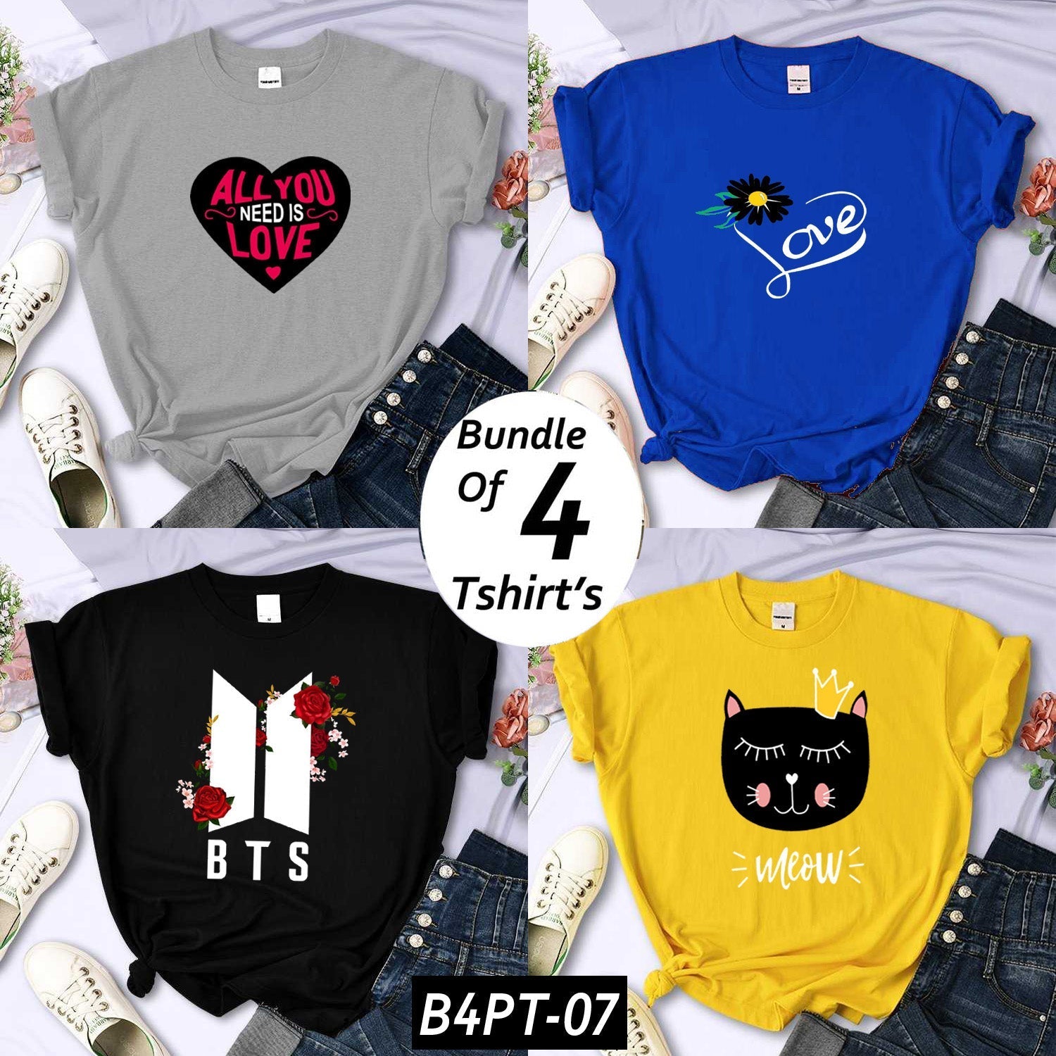 Bundle Of 4 Funky Printed R-Neck H-Sleeve Tshirt's For Her. B4PT-D7