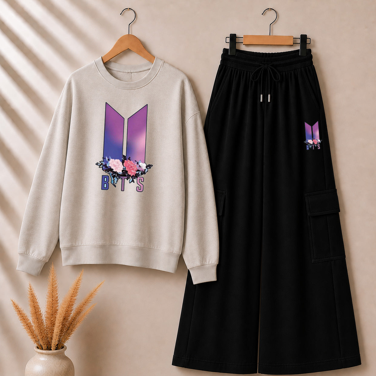 Hazel-Grey 3D-BTS Printed Sweat Style Tshirt & Cargo Trouser 2-Pcs Summer Tracksuit. D-7 Main image