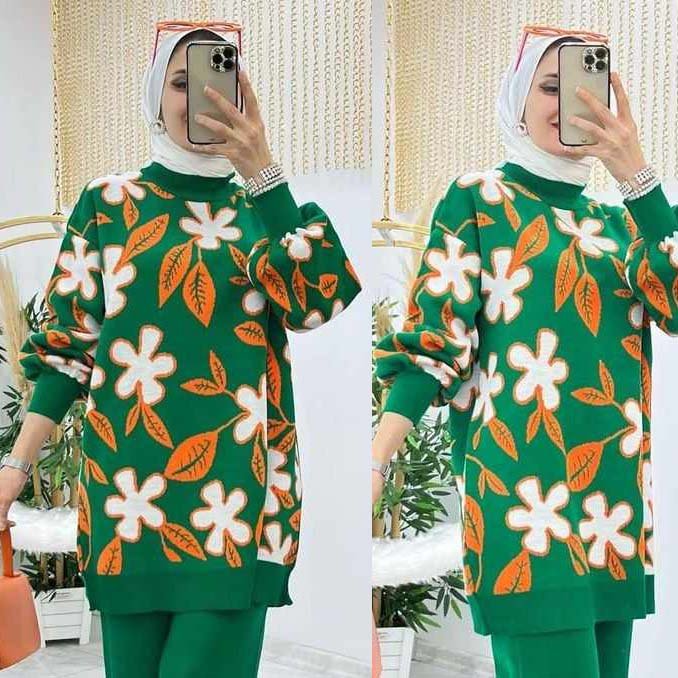 Bright-Green Flower Printed Premium Quality Winter Sweatshirt For Her. Main image