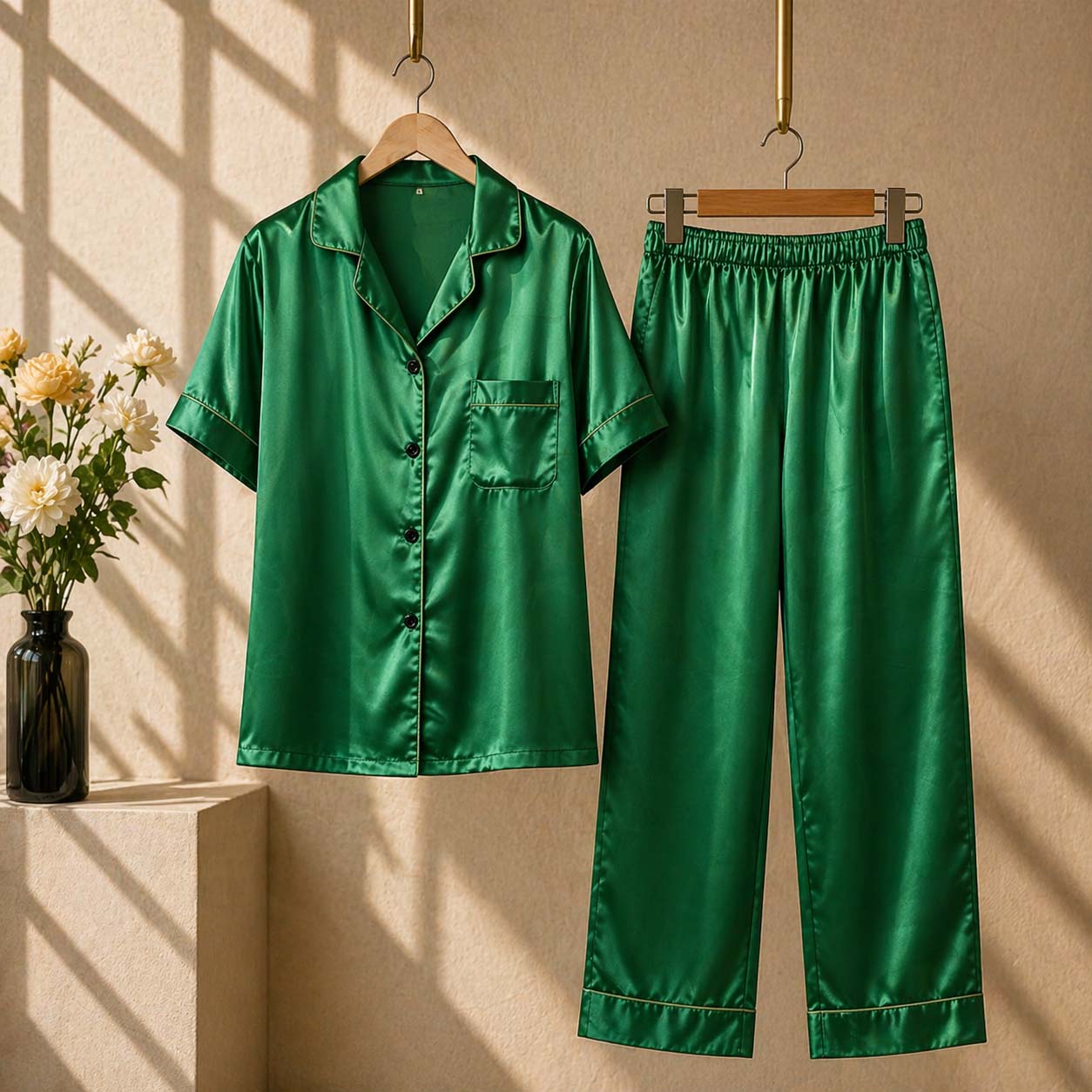 Imported Regular Style Unisex 2-Pcs Silk Nightsuit. (H-Sleeve+Pajama) Secondary image