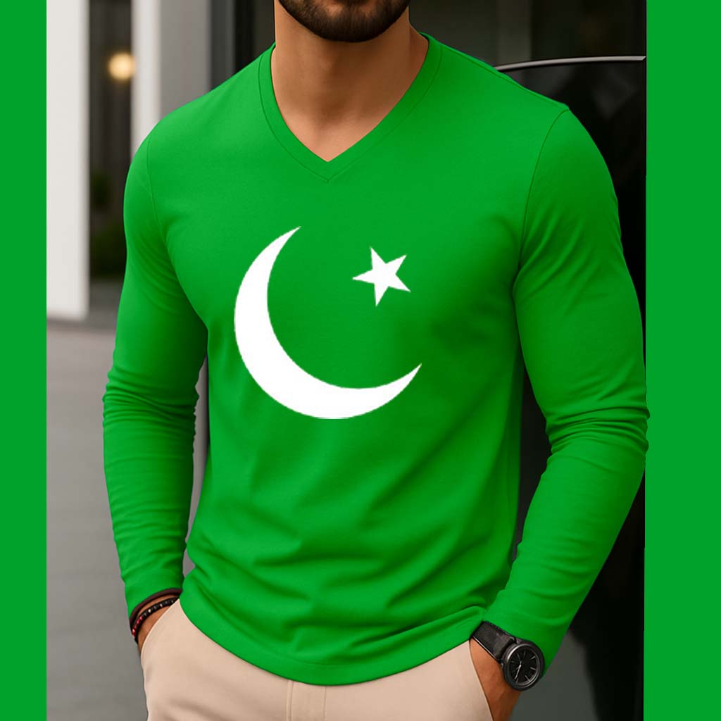 Green CT Big Printed V-Neck Full Sleeve Azadi Tshirt. Main image