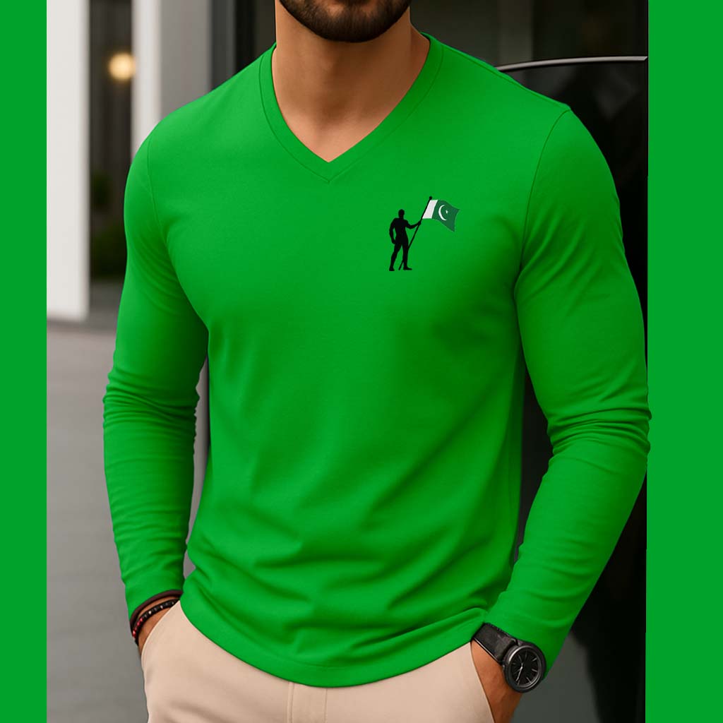 Green CT Hold Flag Logo Printed V-Neck Full Sleeve Azadi Tshirt. Main image