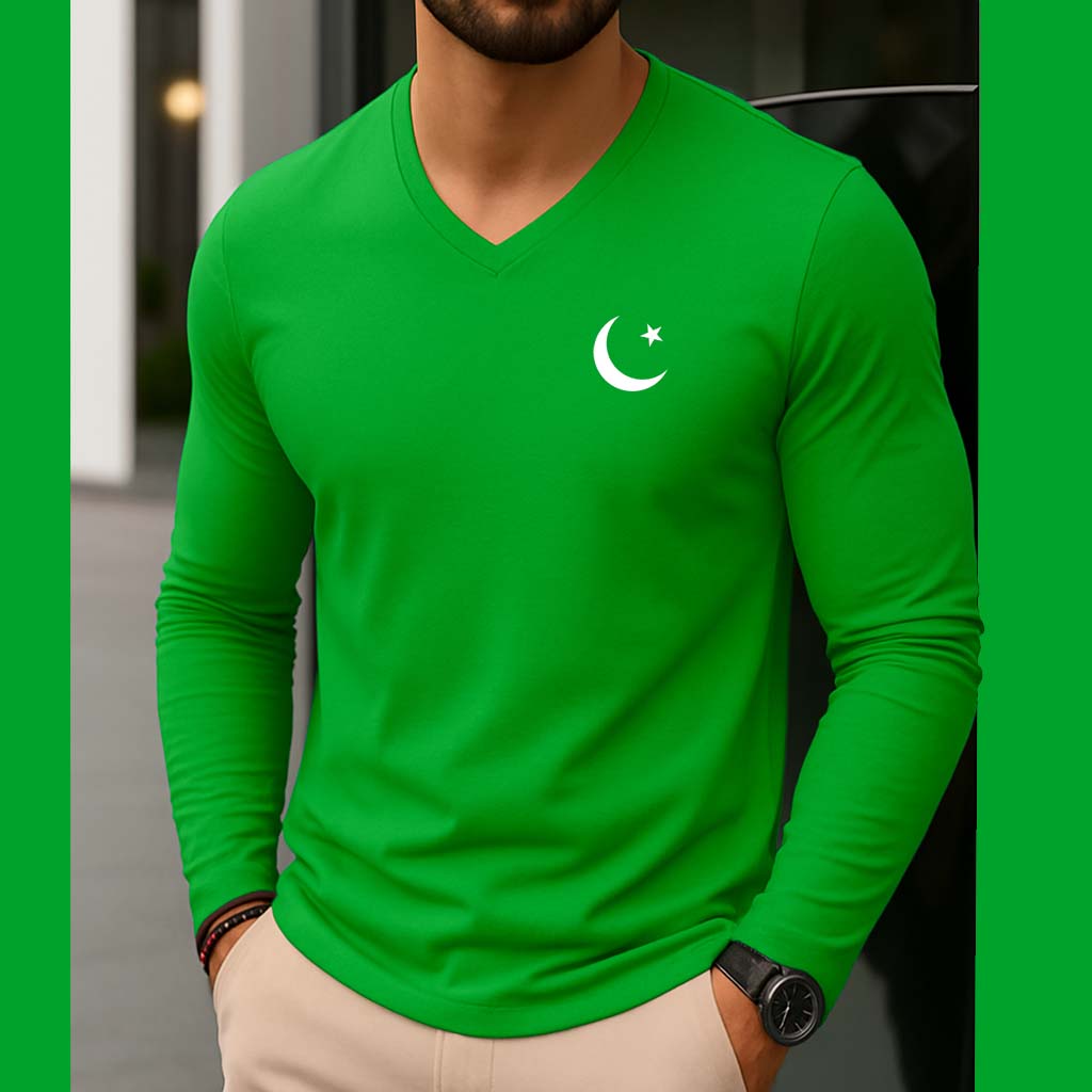 Green CT Logo Printed V-Neck Full Sleeve Azadi Tshirt. Main image