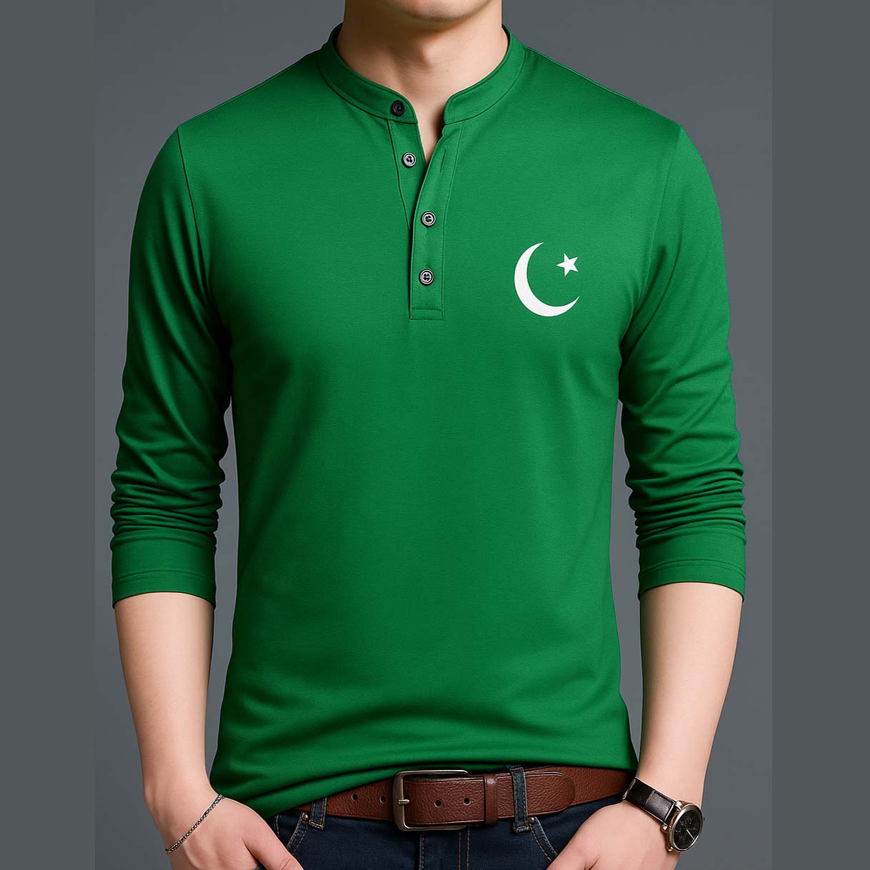 Green Henley Collar CT Logo Printed Full Sleeve Azadi Tshirt. D-54 Main image