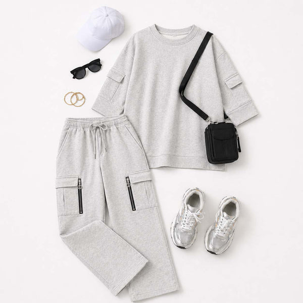 Drop-Shoulder 6-Pocket Cargo Zipper Style Western 2-Pcs Summer Tracksuit For Her. WSTS-07 V2