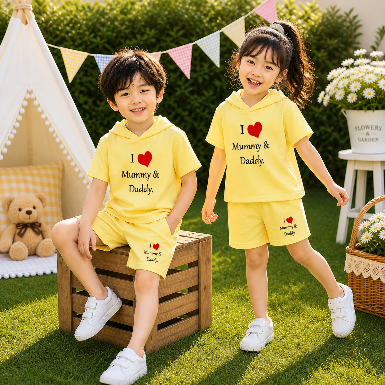 Yellow I Love D+M Kids Hooded Style 2-Pcs Summer Suit. (HOTS+SH) Main image