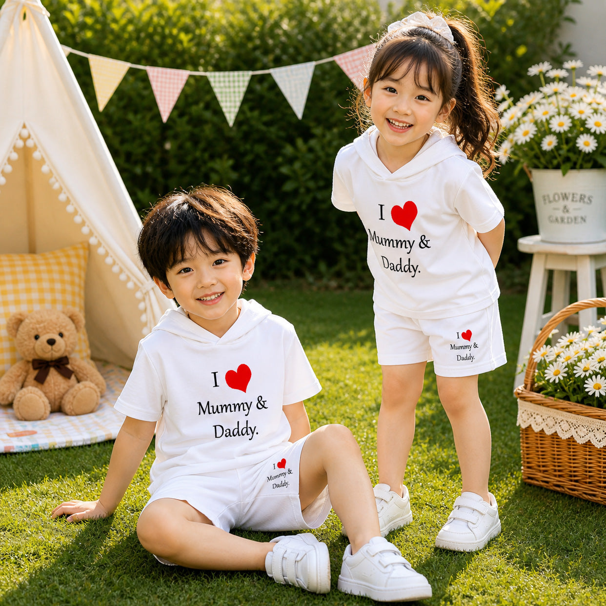 White I Love D+M Kids Hooded Style 2-Pcs Summer Suit. (HOTS+SH) Main image