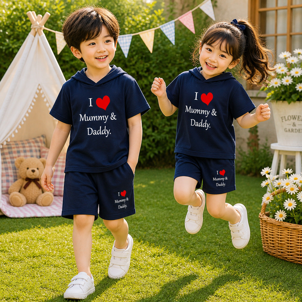 Blue I Love D+M Kids Hooded Style 2-Pcs Summer Suit. (HOTS+SH) Main image