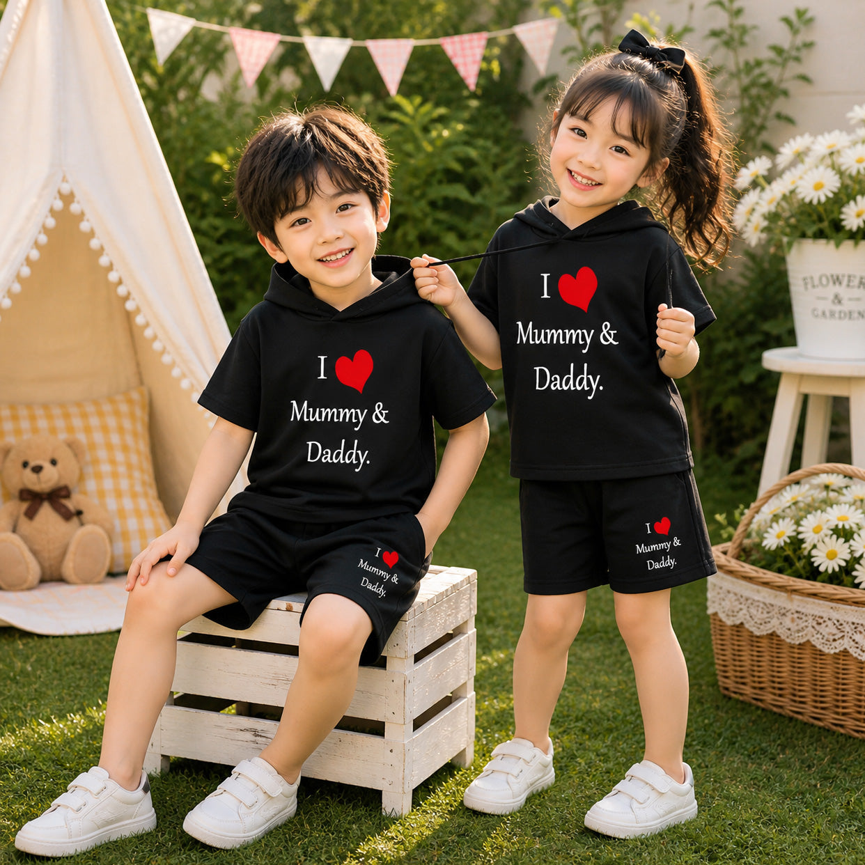 Black I Love D+M Kids Hooded Style 2-Pcs Summer Suit. (HOTS+SH)