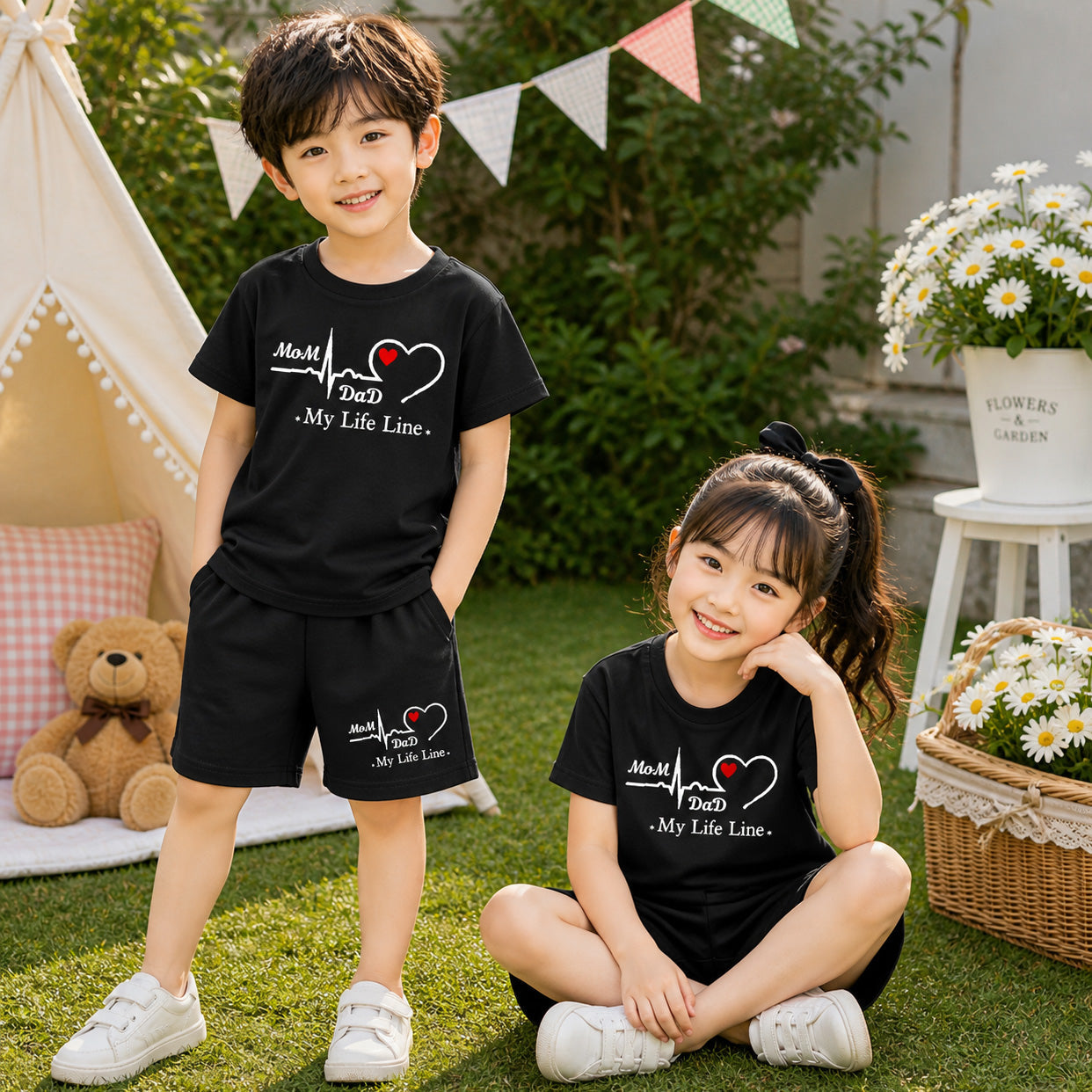 Black MD Life-Line Kids Pintex Style 2-Pcs Summer Suit. (HTS+SH) Main image