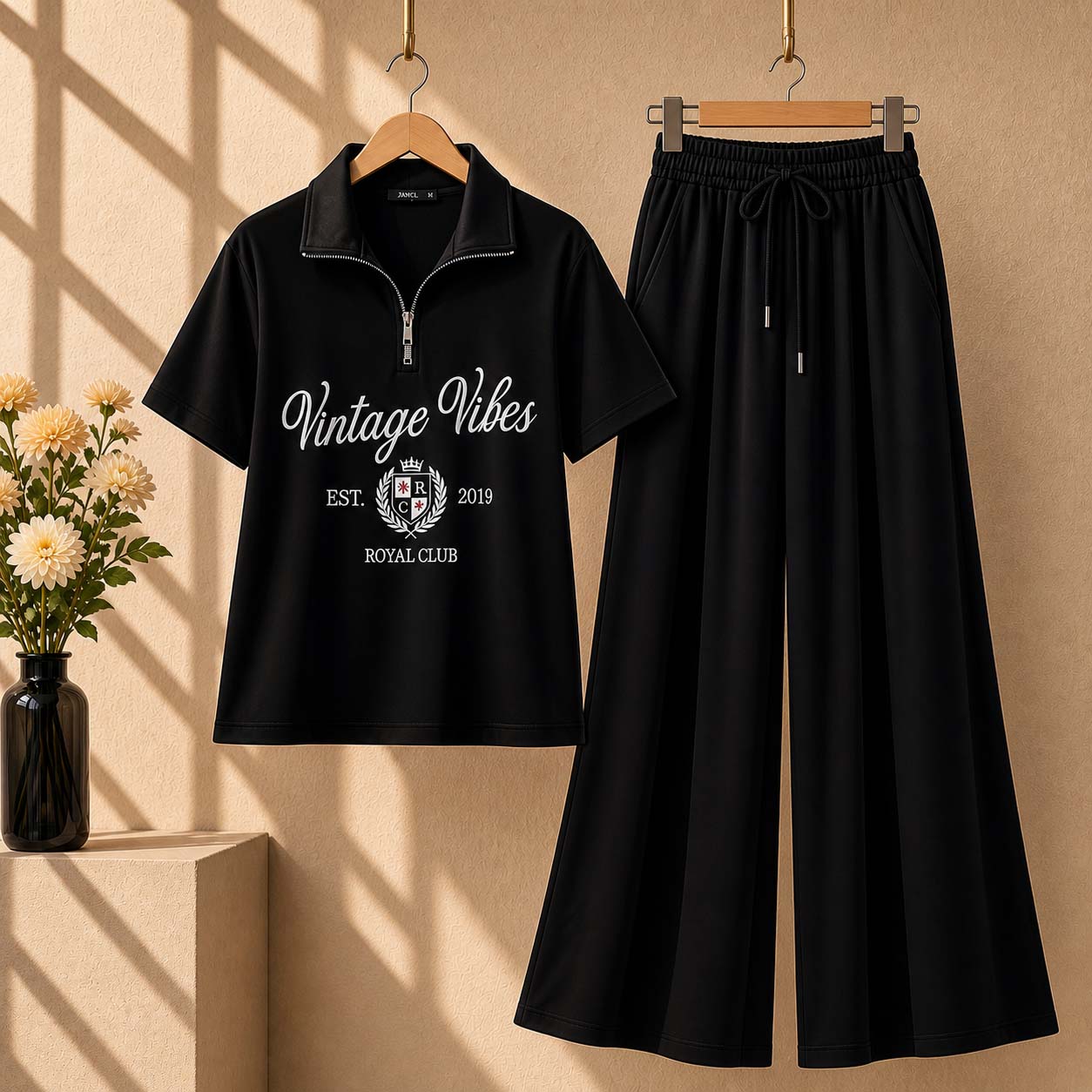 Vintage-Vibes Collar Zip Style 2-Pcs Summer Tracksuit For Her. WSTS-09 V2 Main image