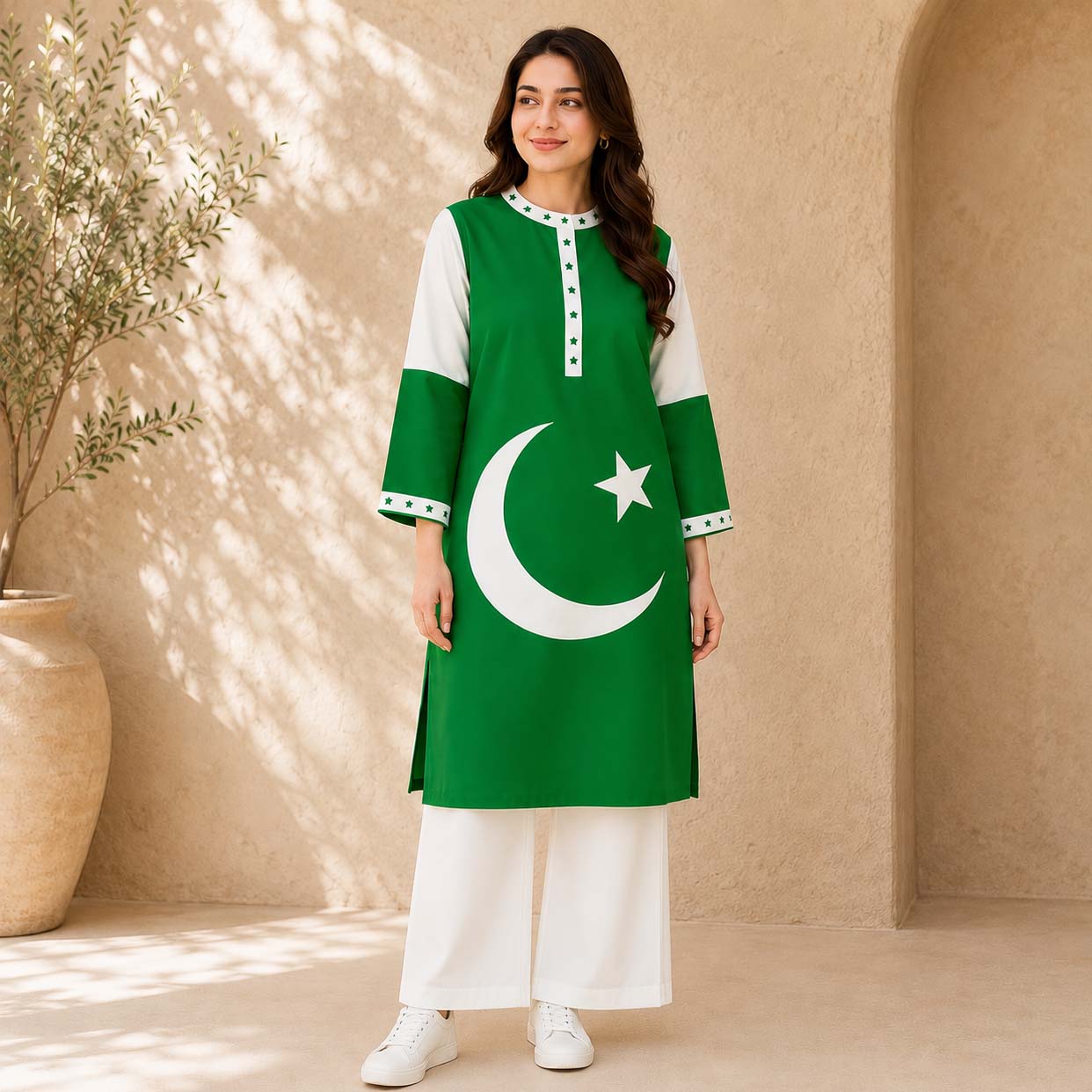 Green Flag Style 14-August Azadi Printed 2-Pcs Stiched Suit. (Green Kurti+White Trouser)