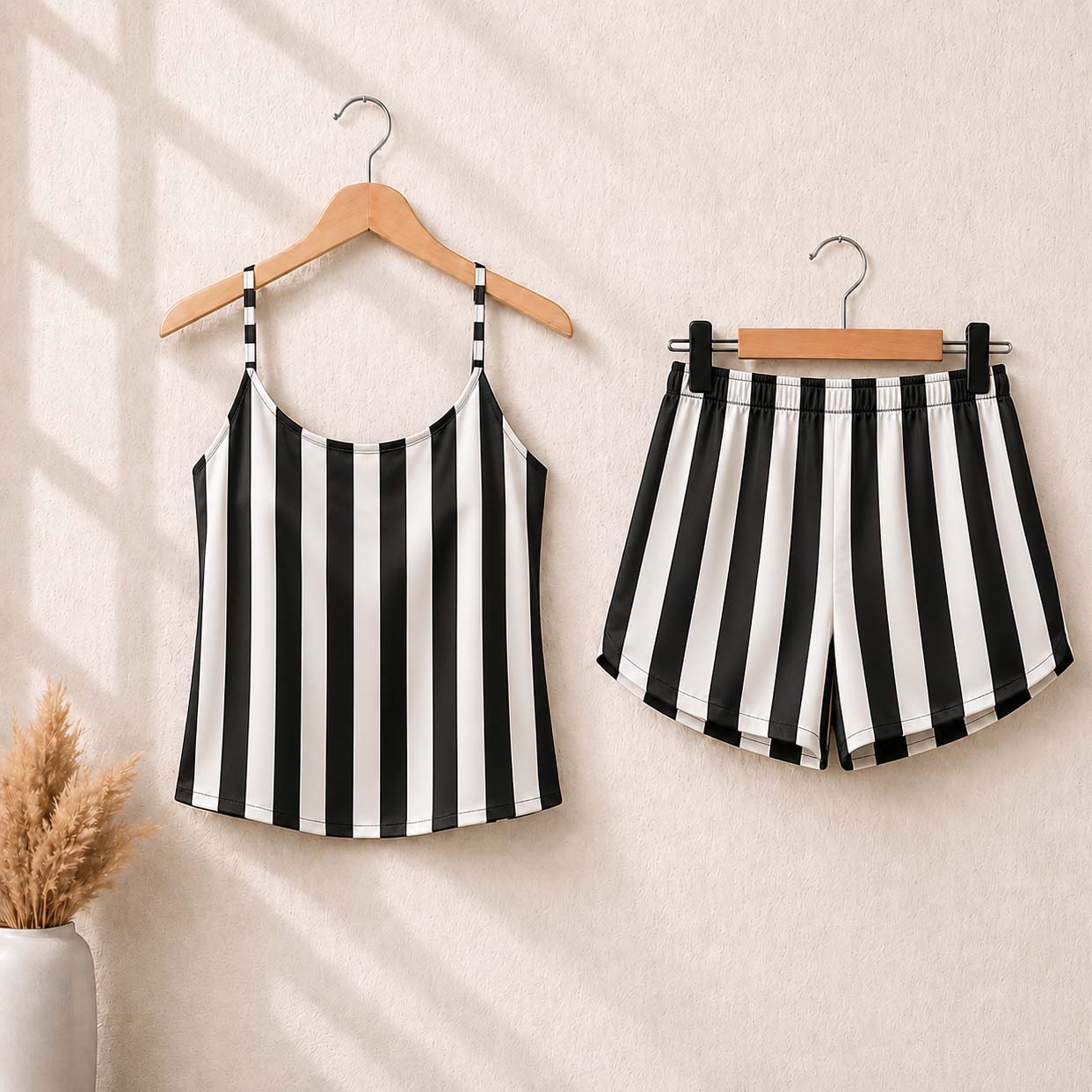 Black&White Stripe Printed Imported Cami Style 2-Pcs Cotton Nightsuit. (Camisole+Short) Main image
