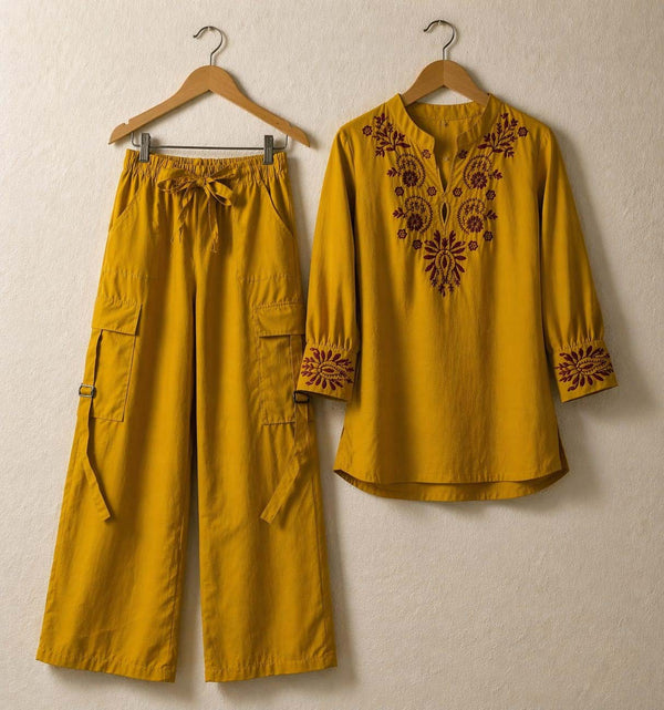Cotton Embroidered Western Shirt & Cargo Style 2-Pcs Stiched Co-Ord Set. KML-05