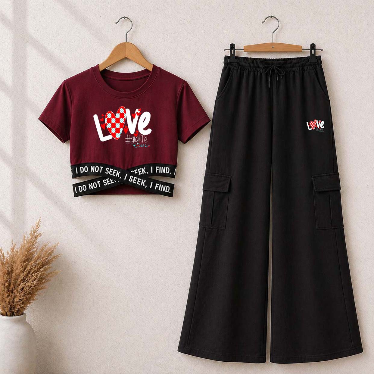 Maroon Love Printed Crop-Top Elastic Waisted & Cargo Trouser Style 2-Pcs Summer Tracksuit. D-2.3 Main image